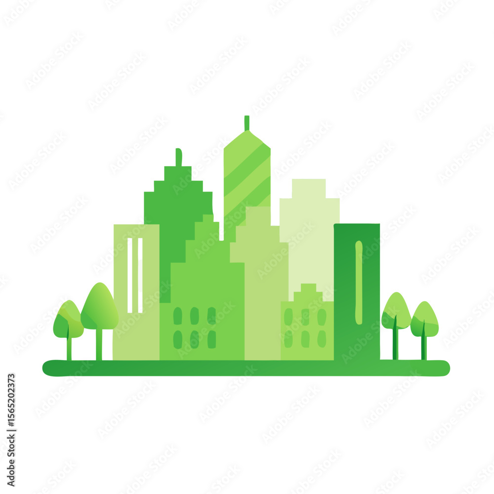 Obraz premium Stylized green city skyline with modern buildings and trees in a clean design 