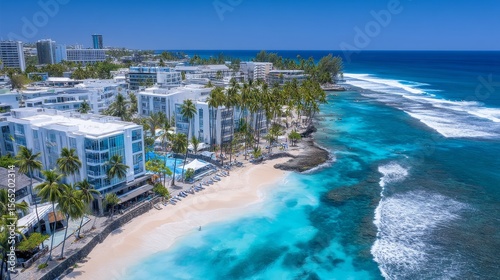 The skyline of San Andres, located in Providencia y Santa Catalina, Colombia, features a stunning beach landscape and Caribbean island scenery