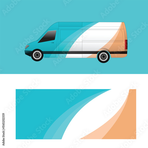 Modern van decal vector design featuring a dynamic flow of sky blue, white, and light brown colors.