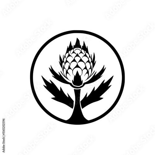 Silhouette pictogram of an artichoke plant design in a circular frame representing organic and fresh produce
