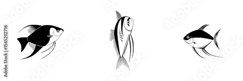 Silhouette pictogram icons of various fish species in black and white design ideal for marine-themed projects