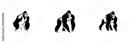 Stylized silhouette pictograms of gorillas showcasing various poses, illustrating strength and agility