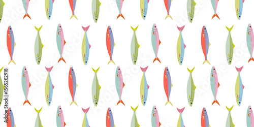 Seamless pattern with hand drawn colorful sardines. Playful marine background. Mediterranean seafood wallpaper. Nautical ocean illustration for kitchen, packaging, summer coastal fabric.