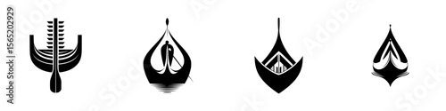 Silhouette pictograms representing various boat styles and nautical elements, suitable for design and illustration