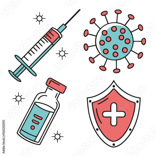 Vaccination covid protection concept with syringe vial virus and shield for healthcare and immunity 100 on transparent background