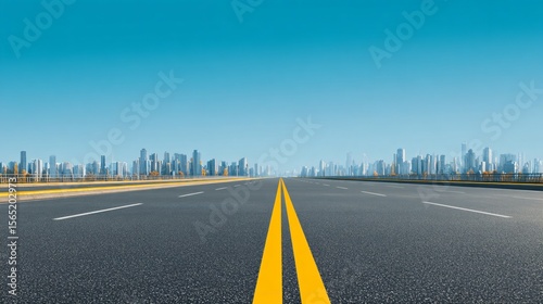 Wide empty highway with yellow lane markings, city skyline in the background, clear blue sky, daylight scene, asphalt road with horizon line, spacious horizontal banner with copy space for text