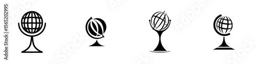 Collection of silhouette pictograms depicting globes on stands for educational and travel-related themes in minimalist design