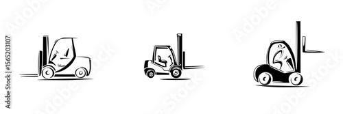 Silhouette pictogram icons set featuring forklifts in motion and parked positions for industrial applications