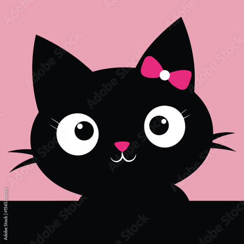 Charming black cat silhouette peeking from the side isolated on white background
