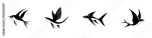 Silhouette pictograms featuring flying birds and fish in various poses