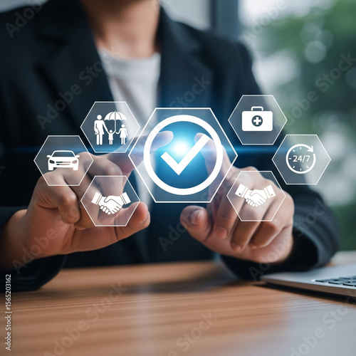 Person touching digital screen displaying insurance options life, car, health, and service