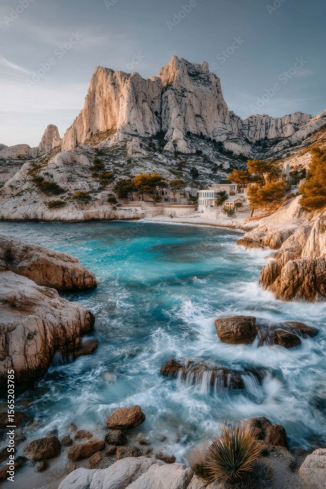Fototapeta premium On a sunny day, under a cloudless sky, the majestic rocky cliff presents a breathtaking coastal vista, a panoramic seascape with rugged cliffside, verdant trees, and rolling turquoise waters,