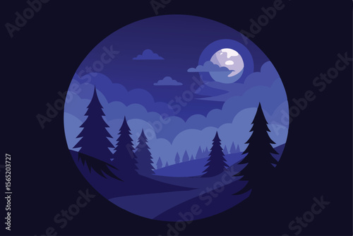 Serene Night in the Woods Moonlit Forest Landscape Illustration