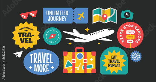 Travel around the world stickers, patch, badges, logos, stamps collection. Journey and vacations travel quotes.