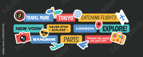 Travel around the world stickers, patch, badges, logos, stamps collection. Journey and vacations travel quotes.