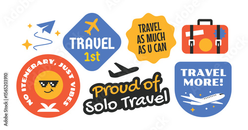 Travel around the world stickers, patch, badges, logos, stamps collection. Journey and vacations travel quotes.