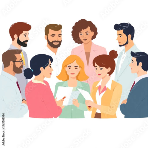 A group of ten team members are discussing performance reviews. The group includes men and women of different ages and backgrounds.