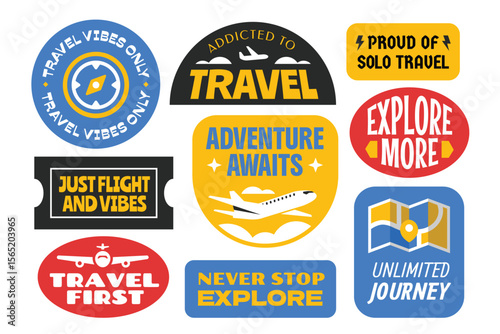 Travel around the world stickers, patchs, badges, logos, stamps collection. Journey and vacations travel quotes.