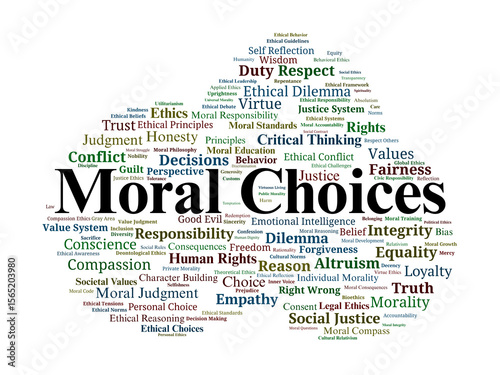 Moral Choices Word Cloud. Core Concepts And Ethical Dilemmas In Human Decision Making