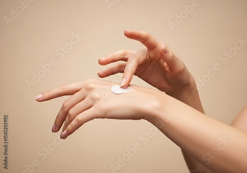 Delicate hands applying cream on smooth skin with soft background