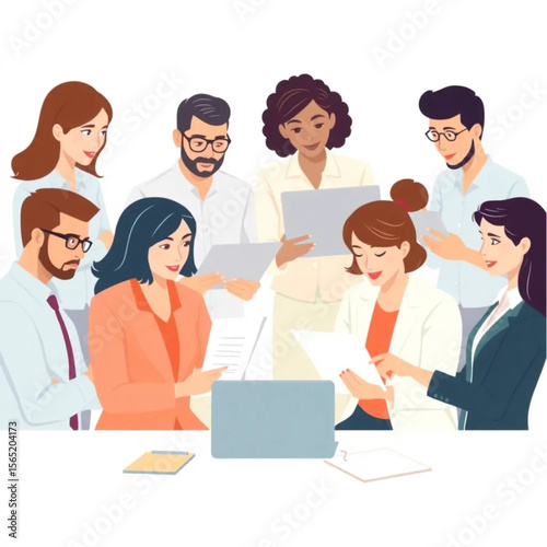 A group of eight staff are preparing training materials. They appear focused and collaborative, with laptops and notes in front of them.