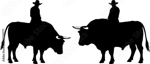 Two cowboys riding bulls silhouettes for western rodeo sport design elements set