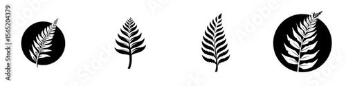 Silhouette pictogram collection featuring diverse fern designs in circular frames for nature-inspired art