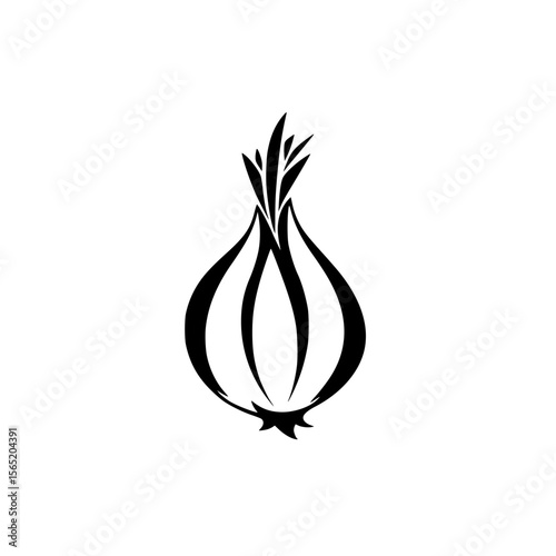 Silhouette of an onion with detailed layers and green shoots in a minimalist design style