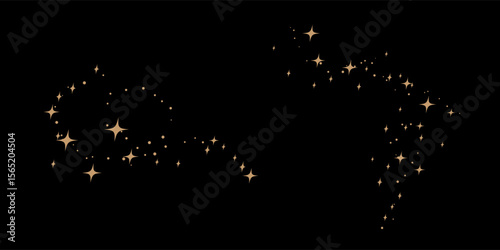 Golden confetti wave wallpaper. Gold sparkles and glitter particles on black background. Shiny swoosh decoration for Christmas, birthday, holiday party banners, poster. Vector illustration 