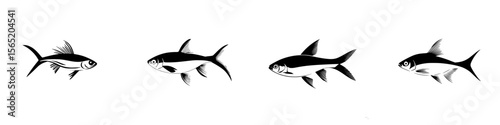 Various fish silhouettes showcasing distinct shapes and movements in a unified design suitable for diverse artistic applications