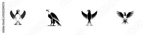 Silhouette pictograms of various bird designs showcasing different postures and styles for diverse graphic applications