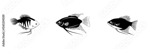 Stylized silhouettes of various fish species depicted in a minimalist style suitable for design applications