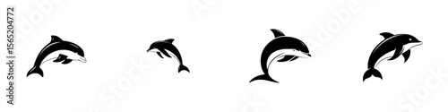 Silhouette pictogram of dolphins in various jumping positions showcasing aquatic activity in a playful manner
