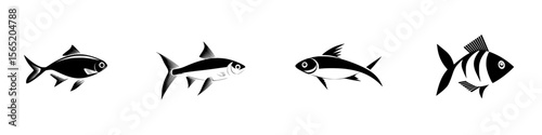 Collection of silhouette pictograms depicting various fish designs suitable for graphics and illustrations projects