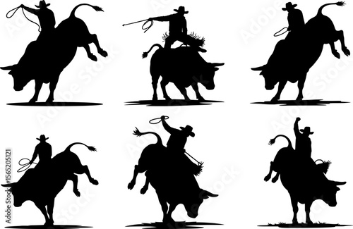 Powerful collection of dynamic rodeo cowboys riding bucking bulls silhouettes create for sport action sequence design elements