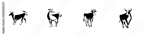 Silhouette pictogram set showcasing various cow designs representing different breeds and postures