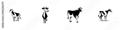 Silhouette pictogram icons of cows displayed in various poses and orientations for agricultural and educational use