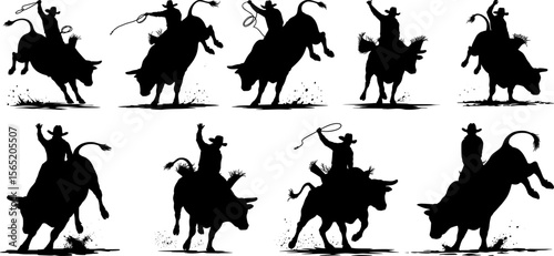 Collection of dynamic rodeo cowboys riding bucking bulls in various action poses for comprehensive western sport silhouette set