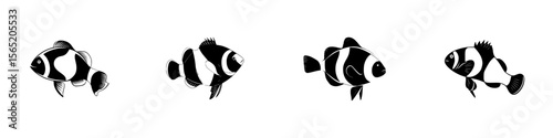 Silhouette pictogram icons of various fish species displaying distinct shapes and patterns in a minimalistic style