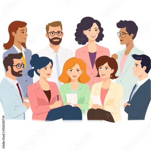 A group of ten team members are conducting interviews. The group includes men and women of different ages and backgrounds.