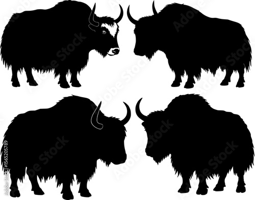Collection of diverse yak silhouettes with curved horns captures the rugged beauty and majestic presence of these powerful mountain animals