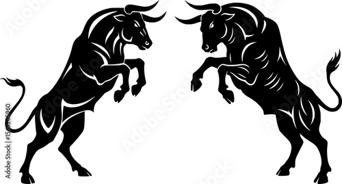 Two powerful bulls rearing up on hind legs face each other in dramatic equine confrontation silhouette