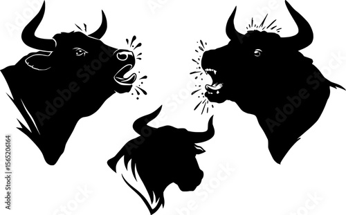 Three angry bull heads with horns and steam from nostrils show fierce bovine rage in powerful silhouette design