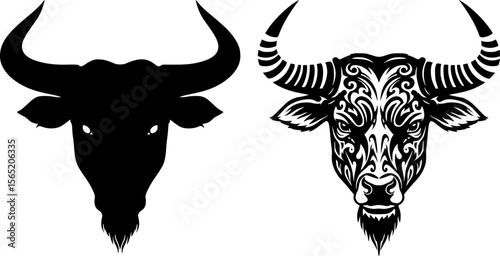 Bull head silhouettes show contrast between solid black and detailed tribal pattern design styles for branding