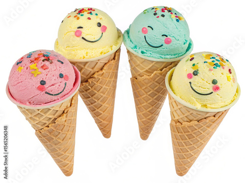 Four cheerful ice cream cones with sprinkles; playful, summery mood.