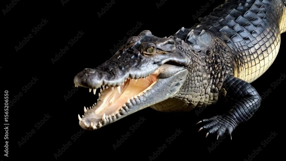 Detailed portrait of a powerful alligator showing its teeth against a dark black background, revealing its textured skin and piercing eyes. Detailed portrait of a powerful alligator showing its teeth against a dark black background, revealing its textured skin and piercing eyes.