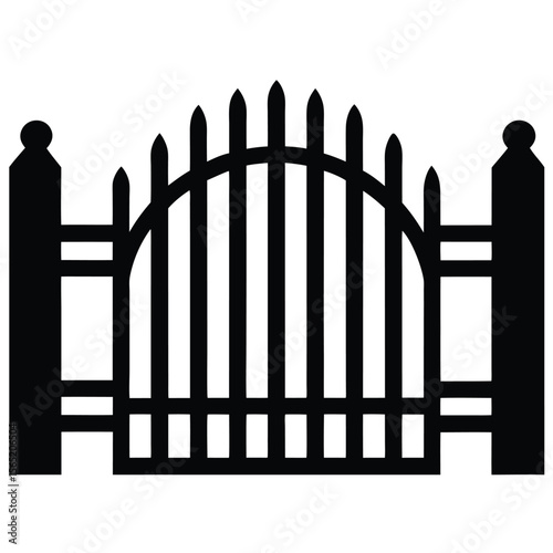 Black silhouette of a traditional garden gate with pointed pickets and arched top