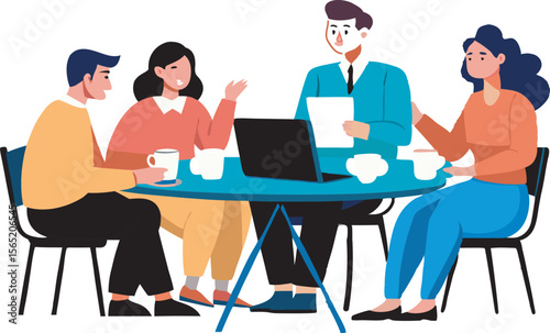 Four diverse colleagues are actively engaged in a collaborative meeting around a table