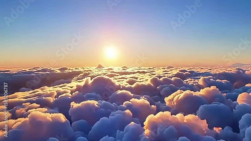 An epic view from a mountain peak, looking at the sunrise above a thick sea of clouds and fog. A breathtaking and majestic natural spectacle.