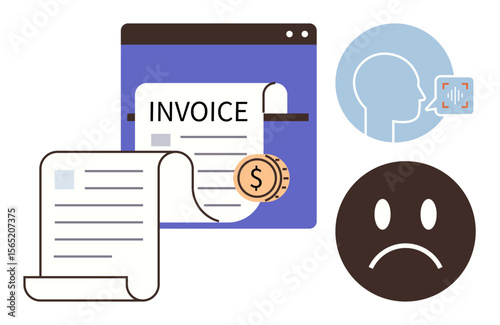 Digital invoice with coin, voice recognition icon, and frowning face highlight financial management, tech tools, and customer response. Ideal for billing, fintech, feedback, communication payments
